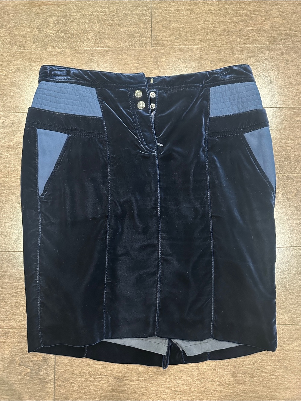 Roberto Cavalli Navy and Light Blue Velvet Panel Pencil Skirt
